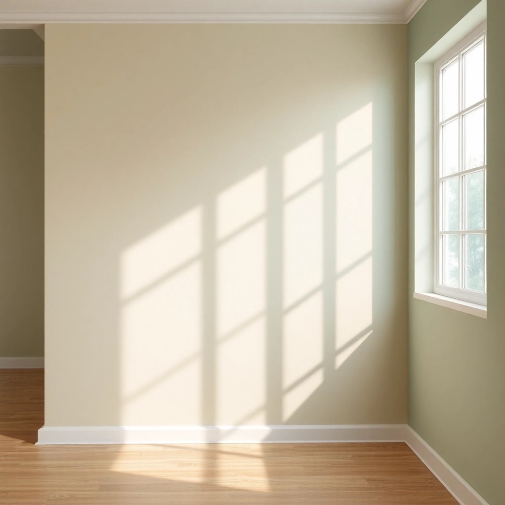 Jasny pokój po malowaniu z oknem, parkietem i promieniami słońca tworzącymi geometryczne wzory na ścianie. Świeżo wykończone wnętrze.