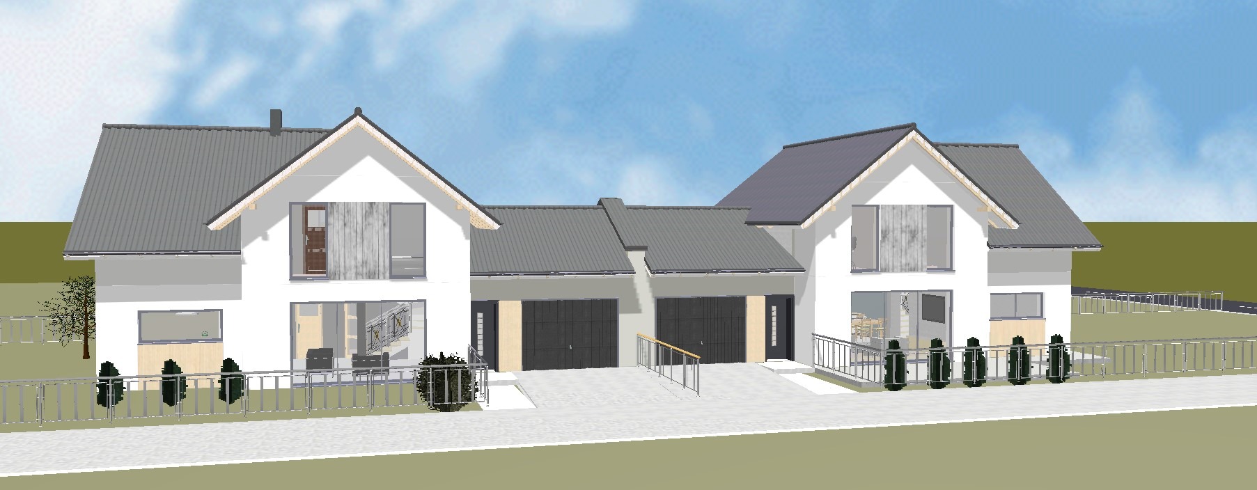 Wizualizacja dwukondygnacyjnego bliźniaka z garażami, białą elewacją i szarym dachem na tle błękitnego nieba. Widoczne ogrodzenie i zagospodarowanie terenu.