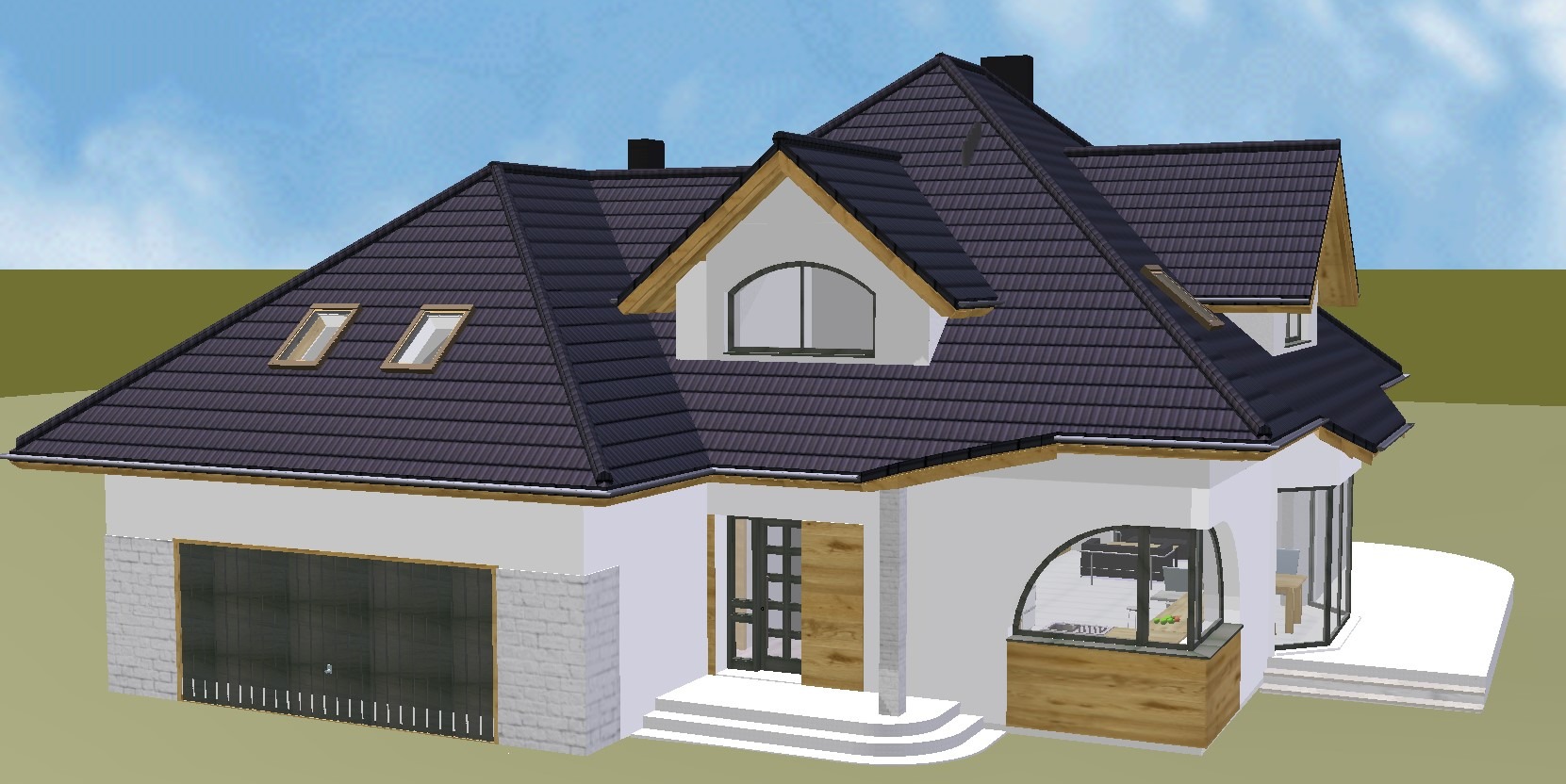 Wizualizacja 3D domu jednorodzinnego z garażem, z ciemną dachówką i białymi ścianami. Widoczne okna dachowe i duże przeszklenia. Elementy wykończeniowe z drewna.