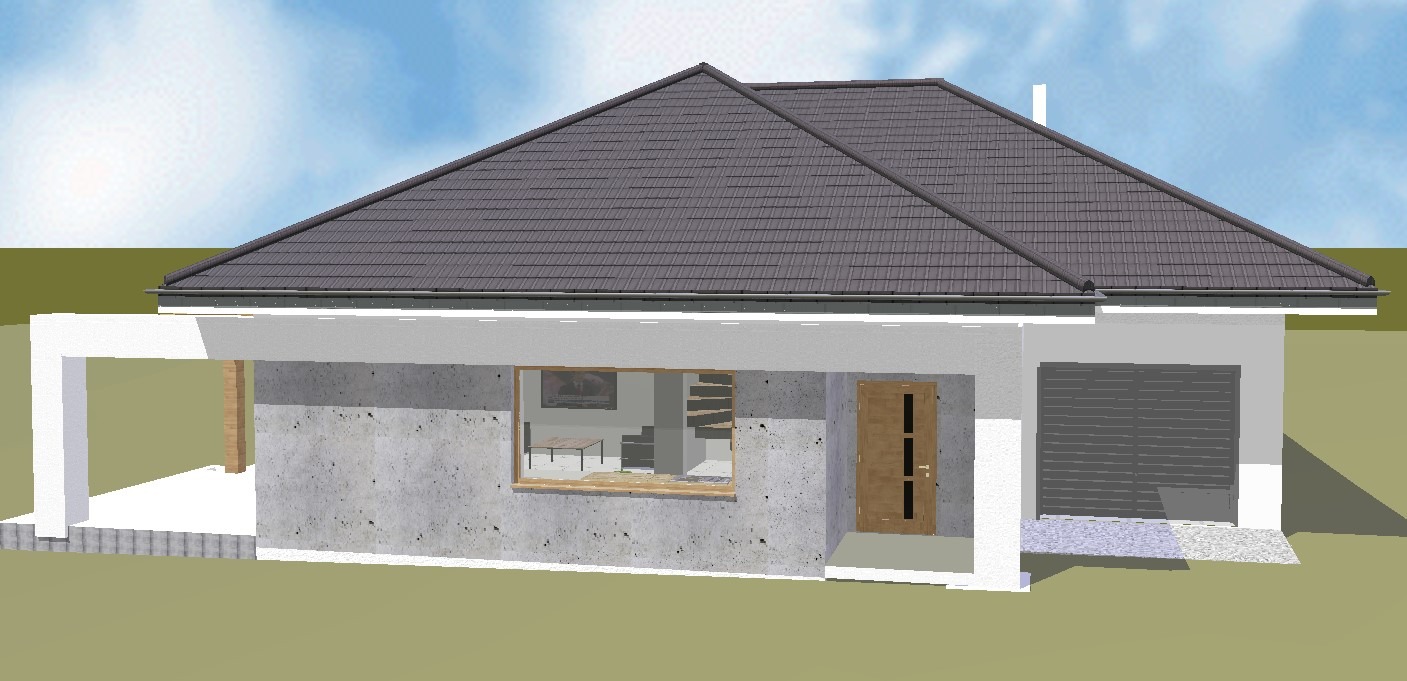 Projekt parterowego domu jednorodzinnego z garażem i zadaszonym tarasem, wizualizacja elewacji frontowej w dziennym oświetleniu.