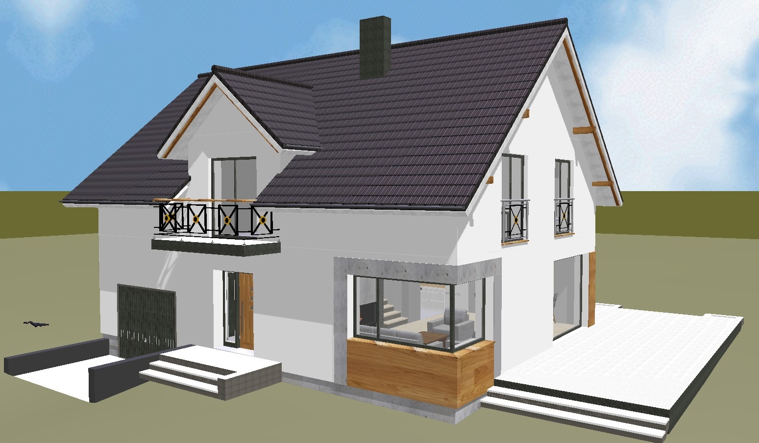 Wizualizacja 3D nowoczesnego domu jednorodzinnego z garażem, balkonami i dużym oknem narożnym, prezentująca projekt architektoniczny z detalami wykończenia.