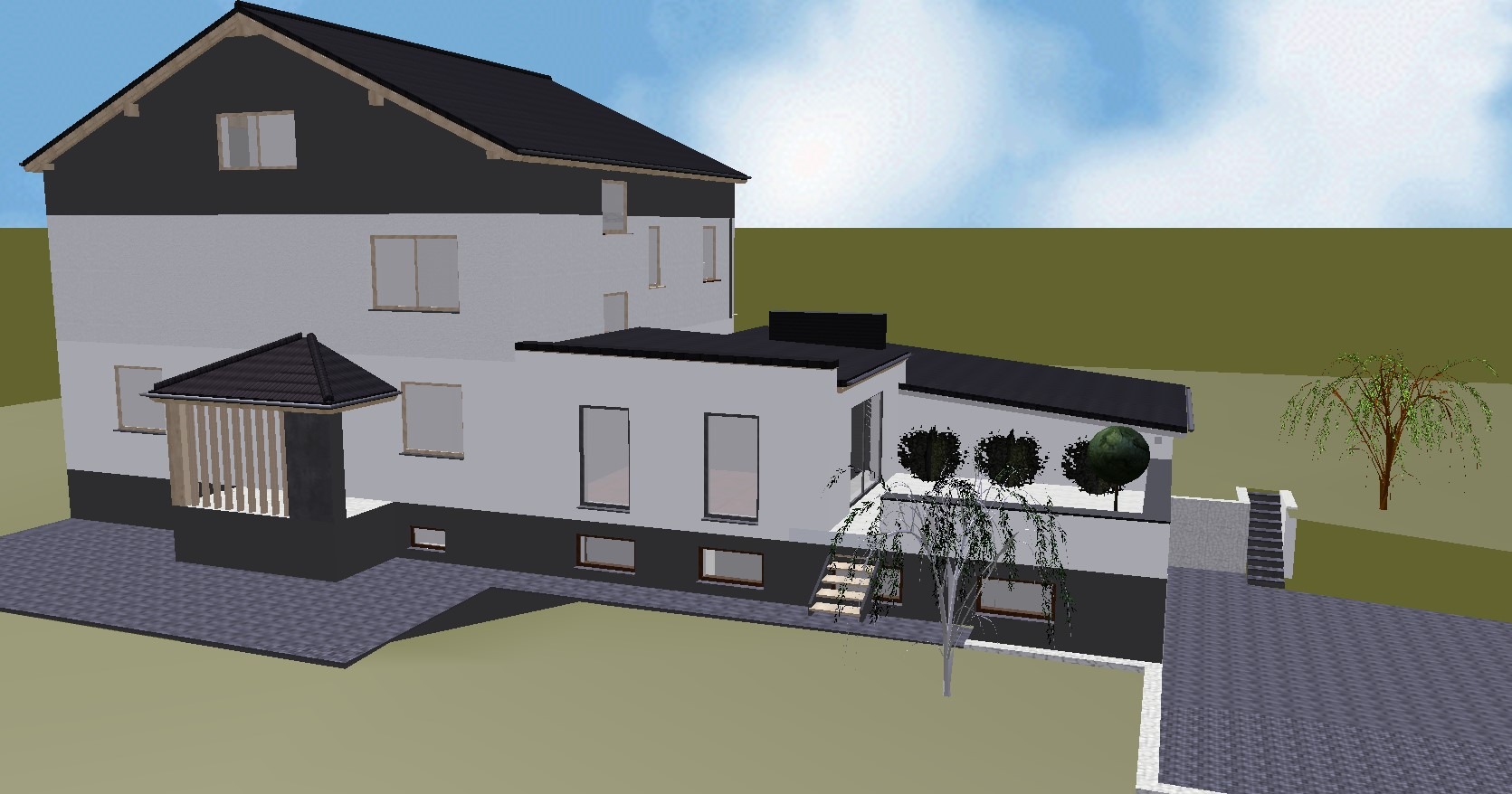 Wizualizacja dwukondygnacyjnego domu z ciemnym dachem i jasną elewacją, widok z boku, z elementami zagospodarowania terenu: drzewa, krzewy, schody wejściowe.
