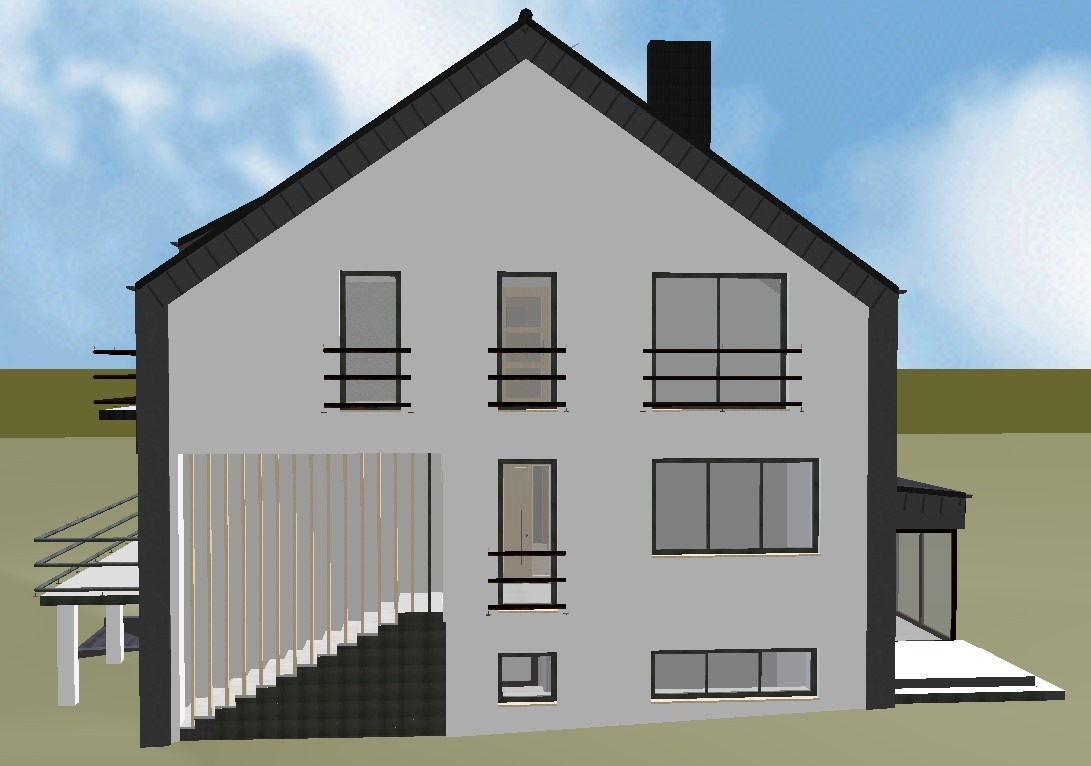 Wizualizacja 3D nowoczesnego domu z ciemnym dachem, jasną elewacją i minimalistycznymi oknami. Widoczna zadaszona weranda i schody zewnętrzne.