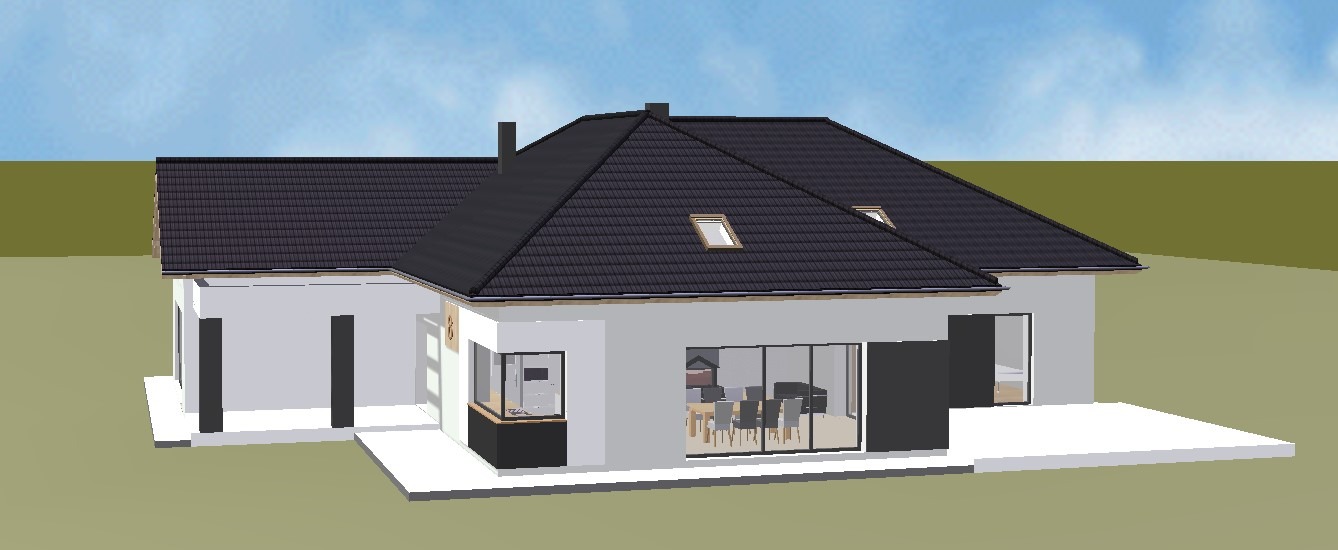 Wizualizacja 3D nowoczesnego domu z czarnym dachem, dużymi oknami i tarasem. Widoczny detal: okno wykuszowe z czarną ramą i numerem domu.