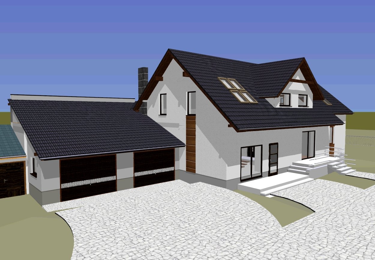 Wizualizacja 3D domu jednorodzinnego z garażem, biała elewacja, ciemny dach z oknami połaciowymi, podjazd wyłożony kostką, błękitne niebo w tle.