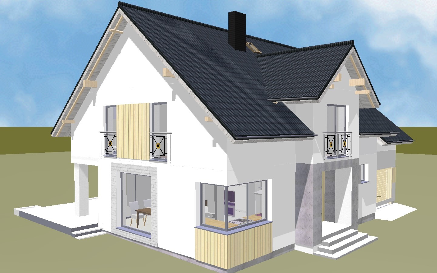 Wizualizacja domu dwukondygnacyjnego z balkonami i ciemną dachówką, ukazująca detale wykończenia elewacji i stolarki okiennej, na tle błękitnego nieba.