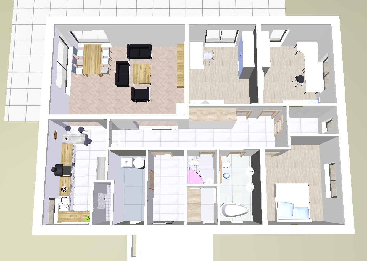 Rzut 2D mieszkania z Koziegłów. Widok z góry przedstawia układ pomieszczeń: salon, kuchnię, łazienki, sypialnie i biuro. Realistyczny model z wyposażeniem.