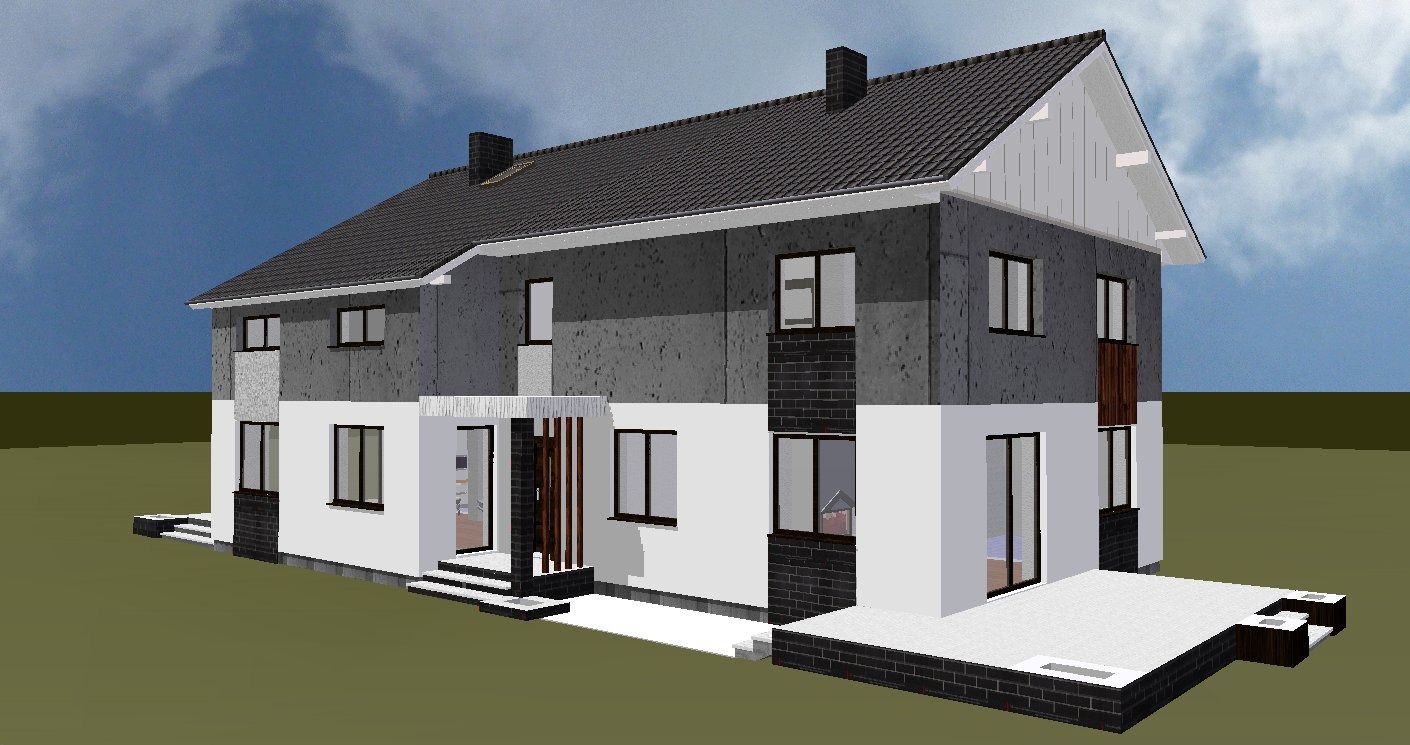 Wizualizacja dwukondygnacyjnego domu z szarą elewacją i ciemną dachówką, z widocznym wejściem i tarasem. Projekt domu w stylu nowoczesnym z akcentami cegły.