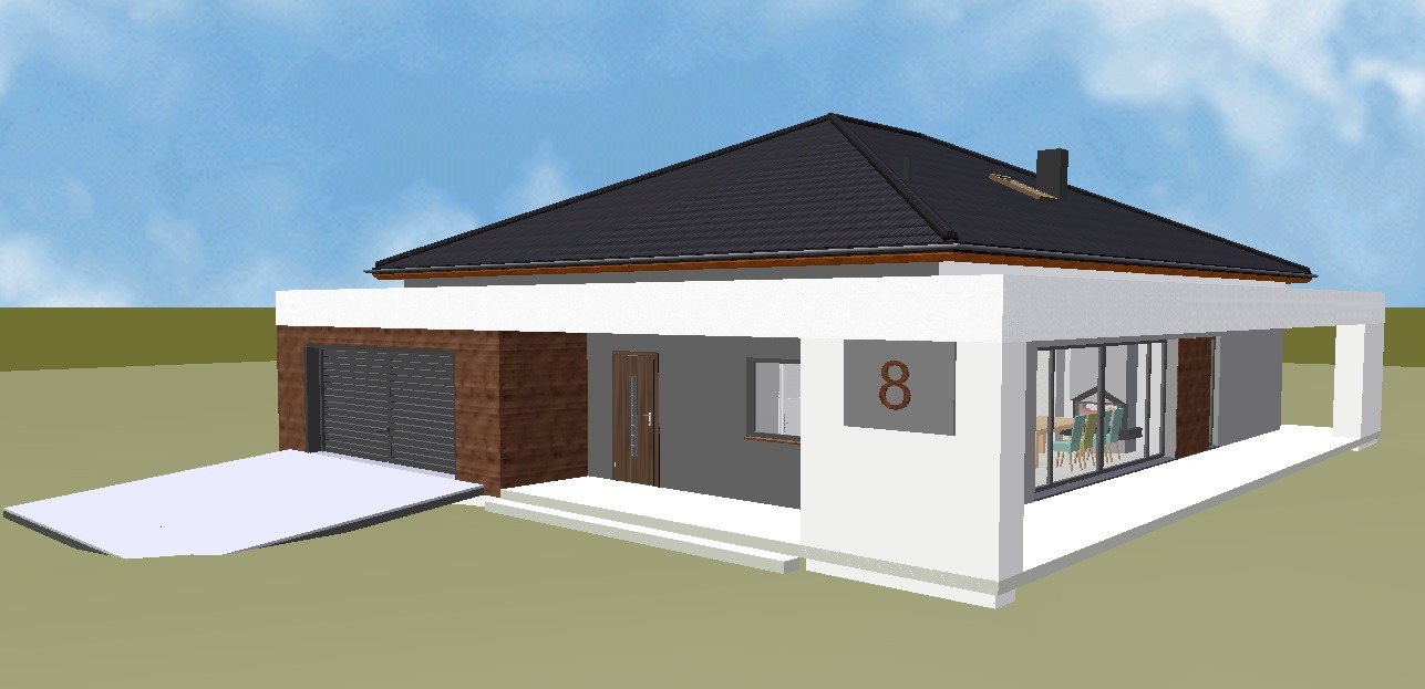 Wizualizacja 3D parterowego domu z garażem, z ciemnym dachem i numerem '8' na elewacji. Widoczne okna i drzwi. Jasne tło nieba i ziemi. Minimalistyczny styl.