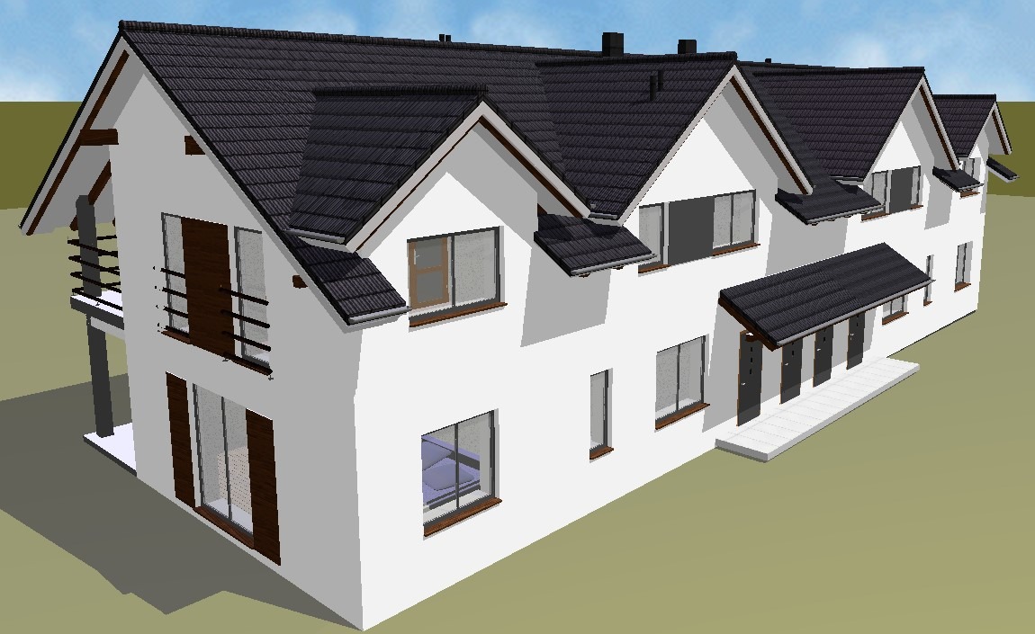 Wizualizacja 3D budynku wielorodzinnego z balkonem, białymi ścianami i ciemną dachówką, ukazana z perspektywy, prezentująca projekt architektoniczny.