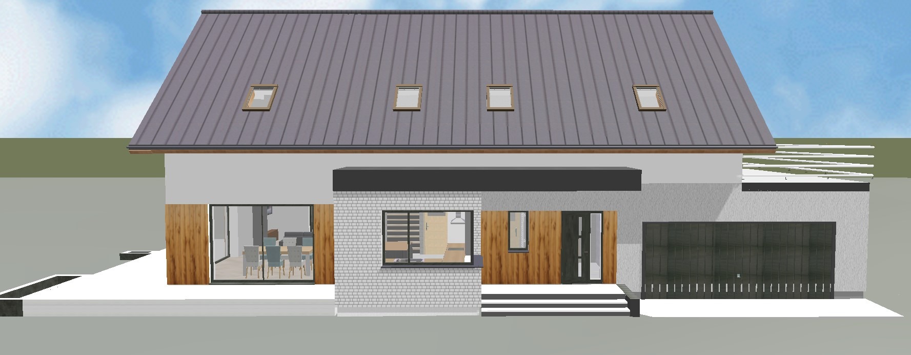 Wizualizacja 3D nowoczesnego domu jednorodzinnego z szarym dachem i drewnianą elewacją. Widok z przodu, okna dachowe, garaż i elementy dekoracyjne.