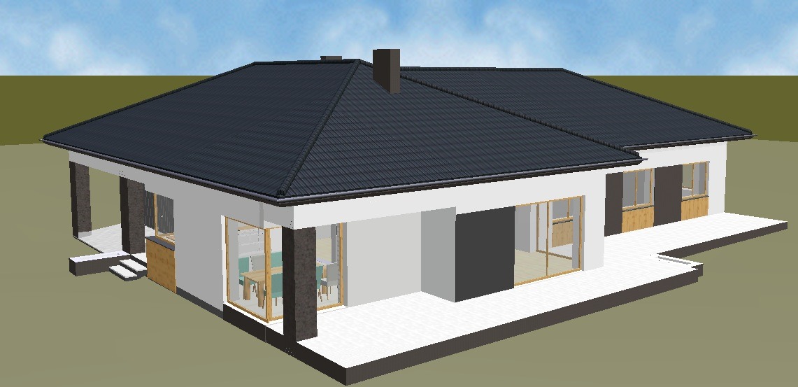 Wizualizacja 3D parterowego domu z ciemnoszarą dachówką, białymi ścianami i jasną elewacją. Widoczne okna z drewnianymi ramami i taras.
