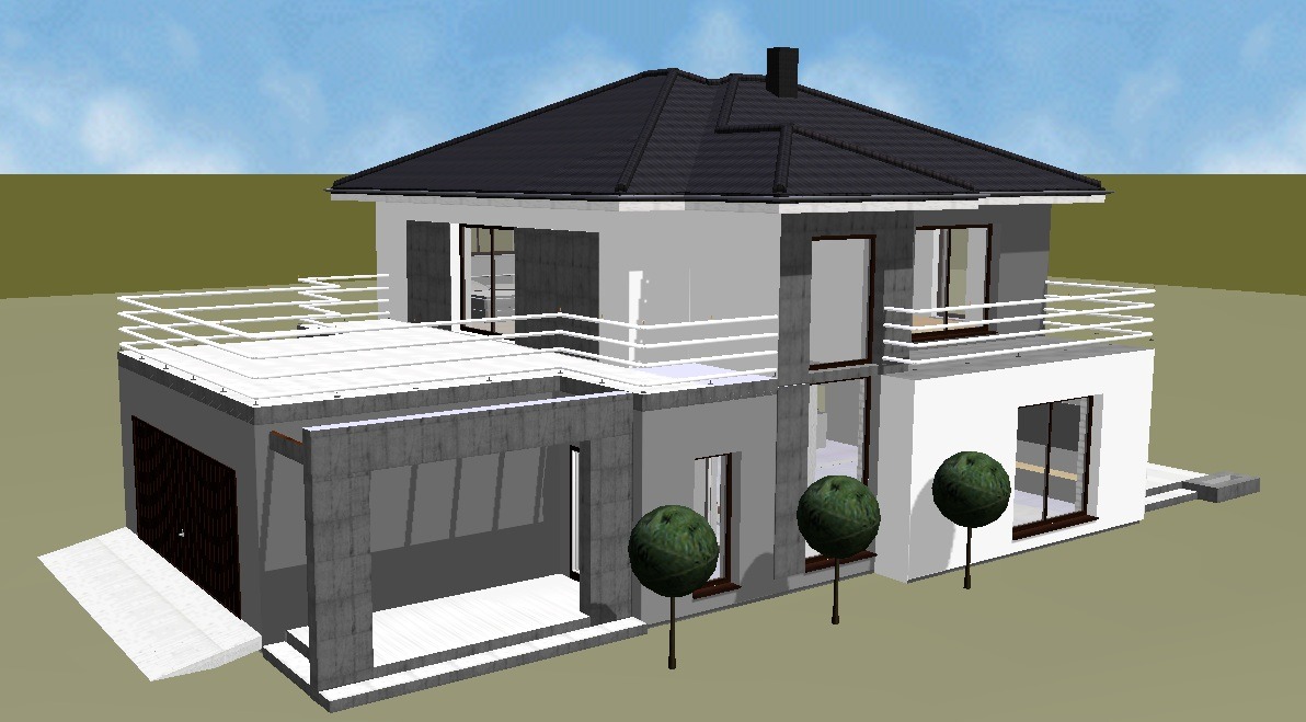 Wizualizacja 3D nowoczesnego, dwupiętrowego domu z płaskim dachem nad garażem i balkonami. Szara kolorystyka, minimalistyczny design, kuliste krzewy w ogrodzie.