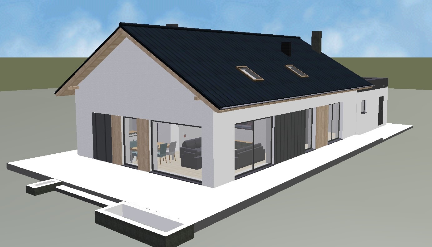 Wizualizacja 3D nowoczesnego, parterowego domu z dużymi przeszkleniami i czarnym dachem dwuspadowym. Widoczne elementy tarasu i zagospodarowania terenu.