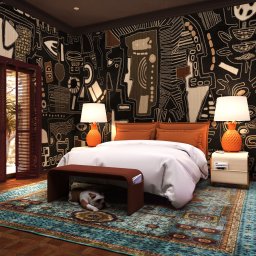 Ewa Stankiewicz EST Interior - Sypialnia z wzorzystą tapetą, łóżkiem z pomarańczowym zagłówkiem i lampkami w kształcie ananasa. Pod łóżkiem śpi buldog angielski na turkusowym dywanie.