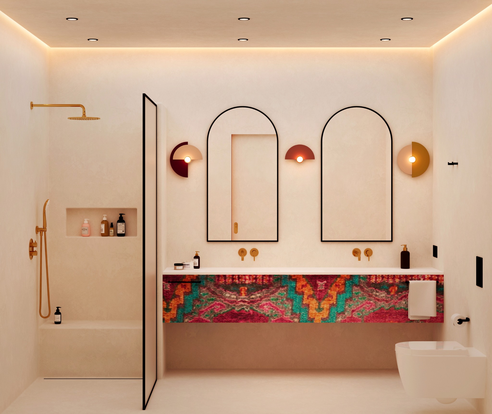 Stylowa łazienka z prysznicem typu walk-in, umywalką z szafką w etniczne wzory i dwoma lustrami w czarnych ramach. Złote detale armatury i minimalistyczne oświetlenie.