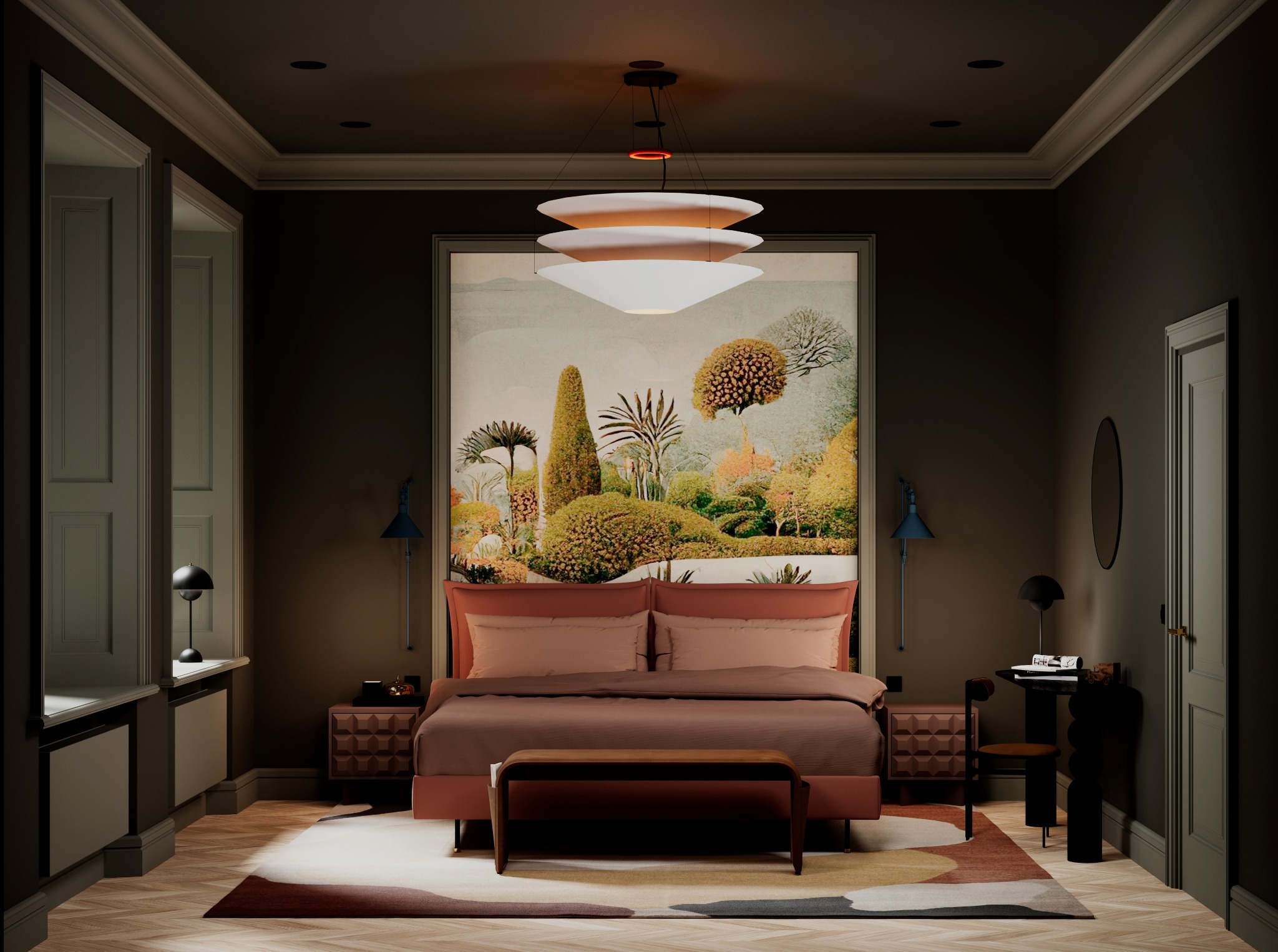 Stylowa sypialnia w ciemnych tonacjach z łóżkiem w kolorze terakoty, modernistyczną lampą i obrazem z motywem ogrodu. Parkiet w jodełkę i dywan z abstrakcyjnym wzorem.
