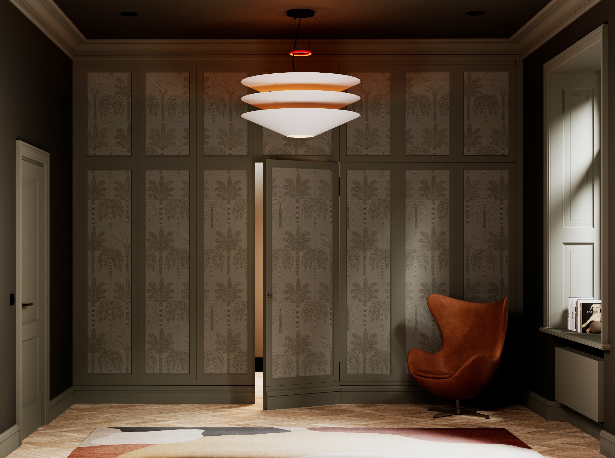 Stylowa szafa wnękowa z wzorem palm, oświetlona nowoczesną lampą. Obok fotel typu 'jajko' i książki na parapecie. Ciepłe światło, parkiet w jodełkę.