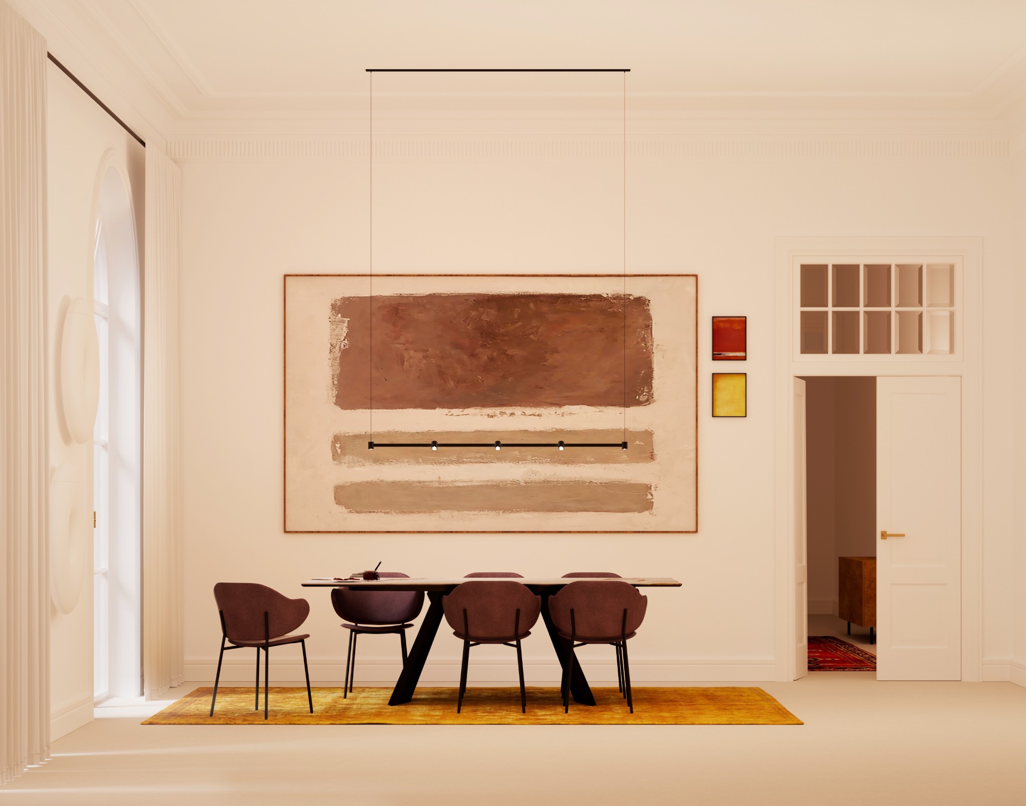 Jasna jadalnia z obrazem w odcieniach brązu nad stołem. Cztery krzesła z bordową tapicerką. Nad stołem nowoczesna lampa. W tle otwarte drzwi.