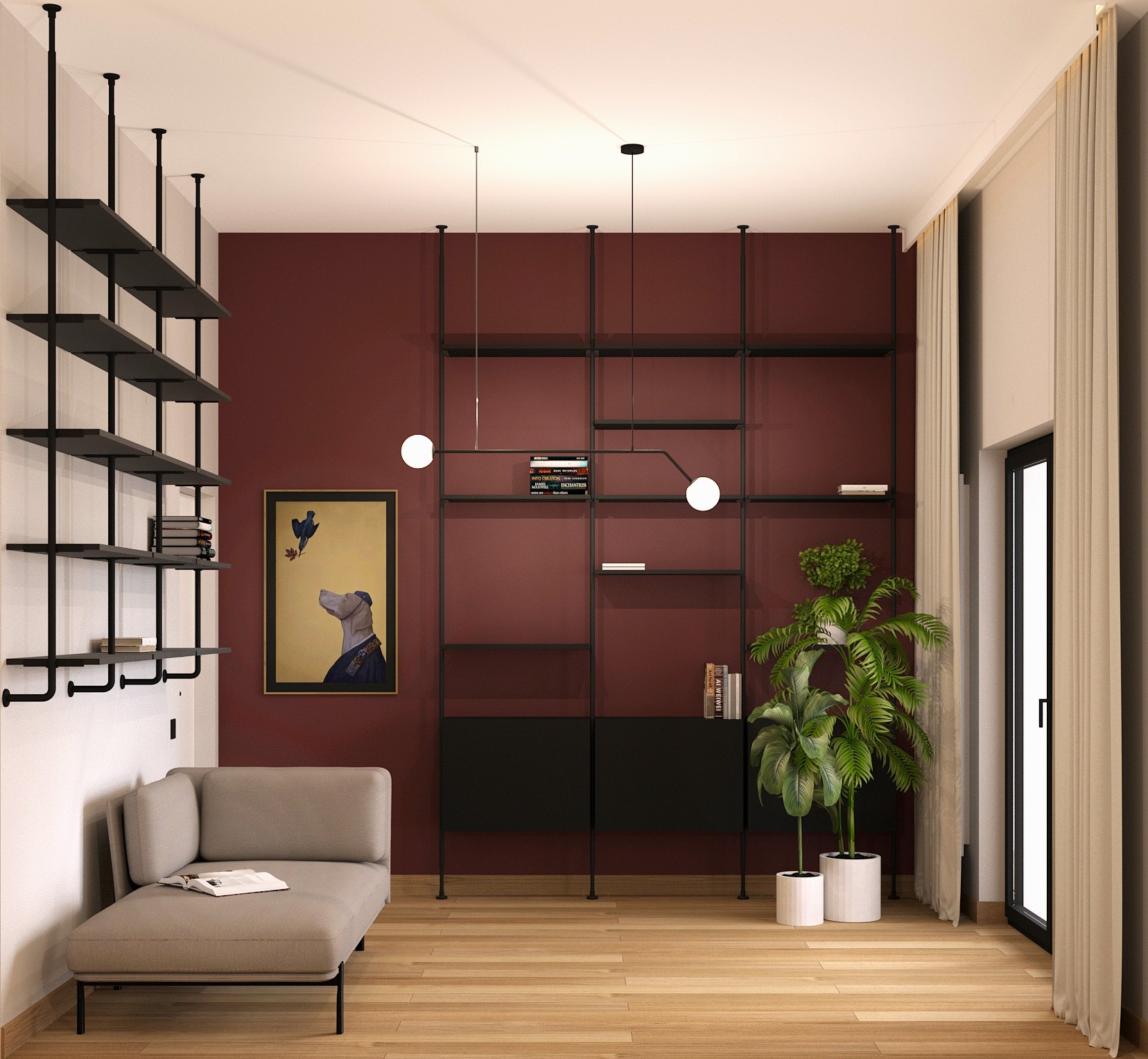 Nowoczesny salon z regałami modułowymi na bordowej ścianie, beżową sofą i dwiema lampami kulami. Na podłodze parkiet, a obok okna zasłony w kolorze ecru.