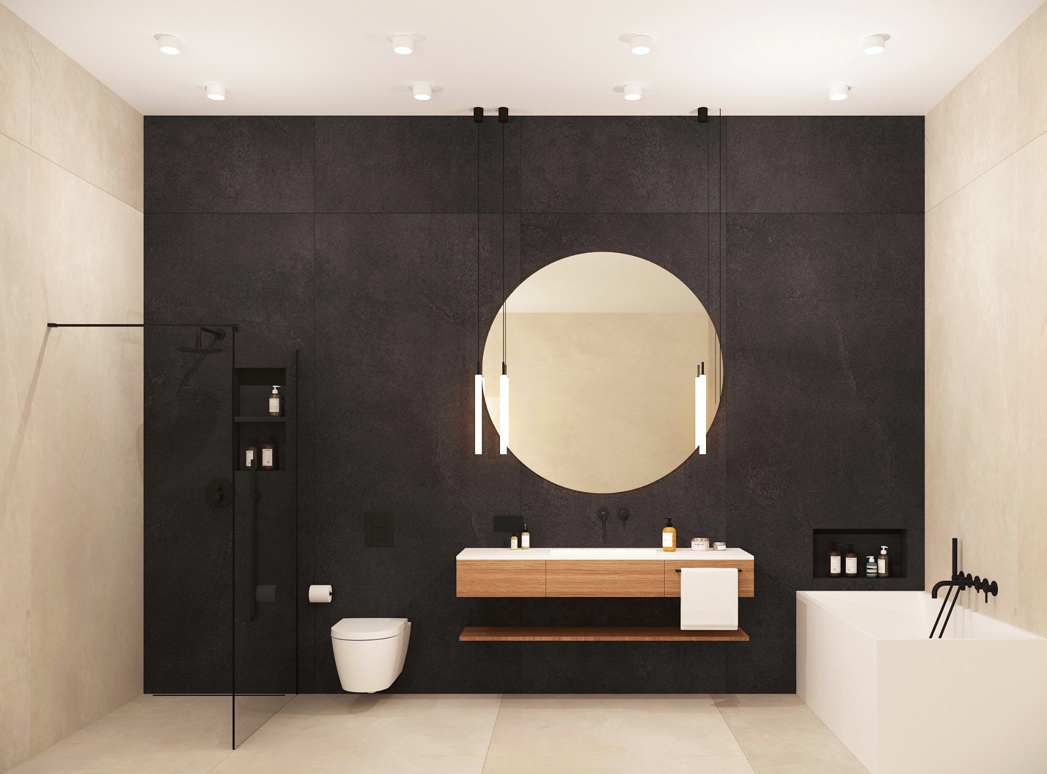 Nowoczesna łazienka z czarną ścianą, okrągłym lustrem podświetlanym i minimalistyczną armaturą. Kabina prysznicowa ze szklaną ścianką i wnęka z kosmetykami.