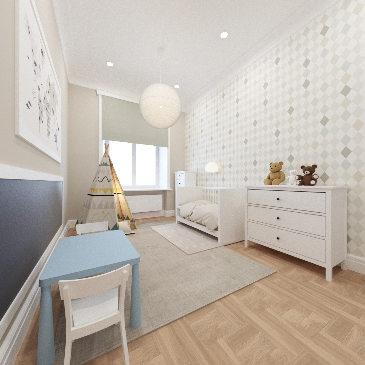 Jasny pokój dziecięcy z białymi meblami, tipi i błękitnym stolikiem. Na ścianie tapeta w romby, a na komodzie pluszowe misie. Przy oknie roleta.