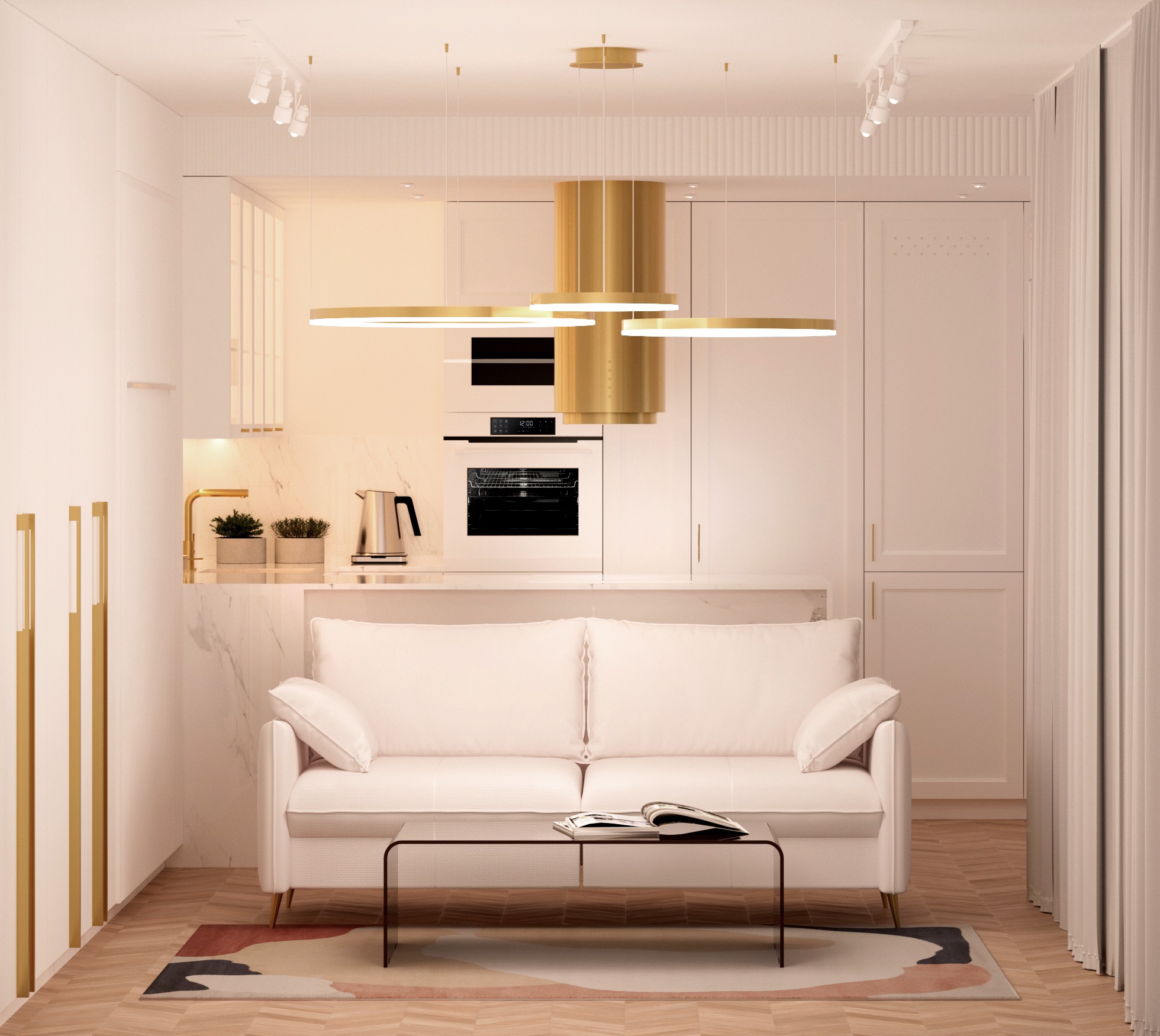 Jasne wnętrze: sofa przed marmurową wyspą kuchenną. Złote akcenty: lampa, okap i detale szafek. Parkiet w jodełkę i designerski dywan uzupełniają wystrój.