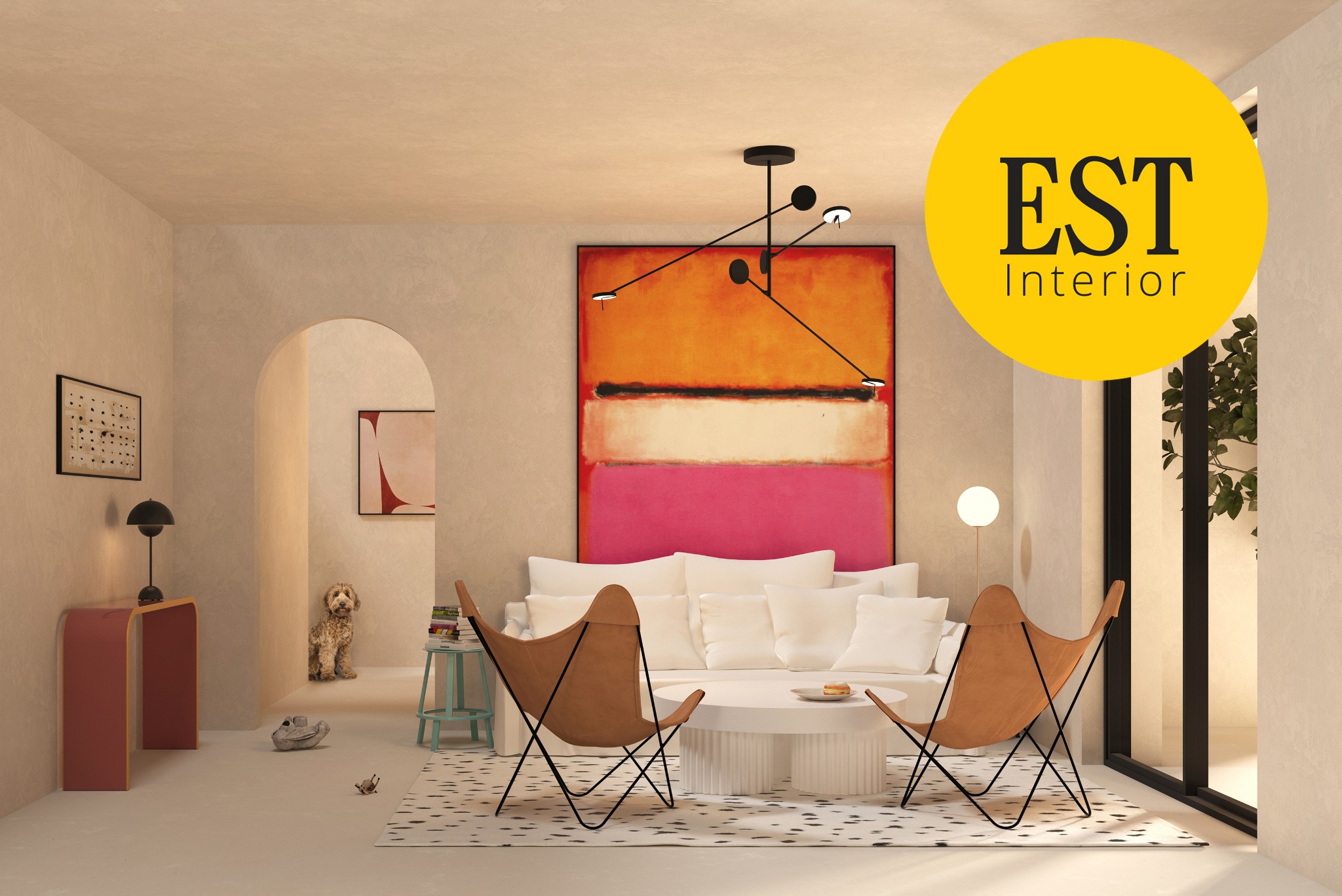 Jasne wnętrze z sofą, obrazem w stylu Marka Rothko, lampą sufitową i skórzanymi fotelami motylkowymi. W tle widoczny pies. Całość w neutralnej kolorystyce.