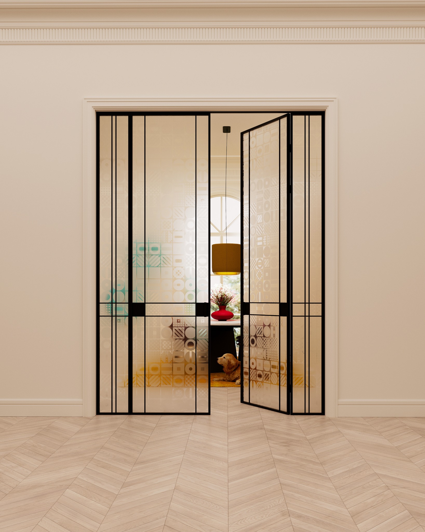 Nowoczesne, przesuwne drzwi szklane z czarnymi ramami i geometrycznym wzorem, otwarte do wnętrza z parkietem w jodełkę i widocznym psem. Eleganckie wykończenie.