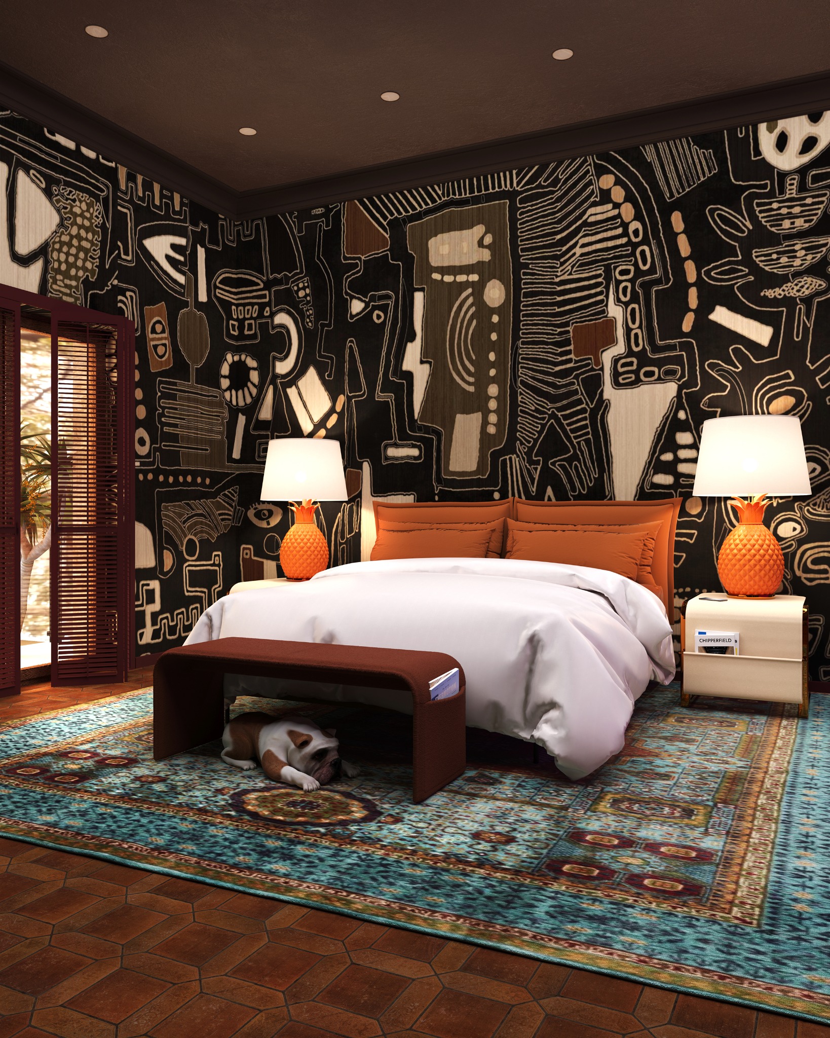 Sypialnia z wzorzystą tapetą, łóżkiem z pomarańczowym zagłówkiem i lampkami w kształcie ananasa. Pod łóżkiem śpi buldog angielski na turkusowym dywanie.