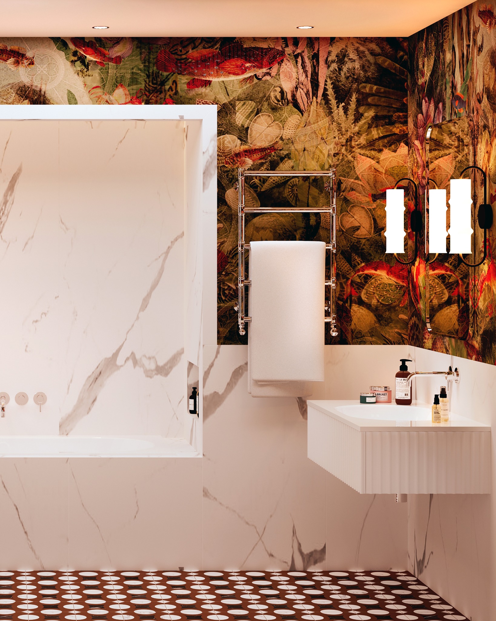 Nowoczesna łazienka z wanną obudowaną marmurem, umywalką z szafką i grzejnikiem na ręczniki na tle ściany z wzorzystą tapetą. Brązowo-biała podłoga.