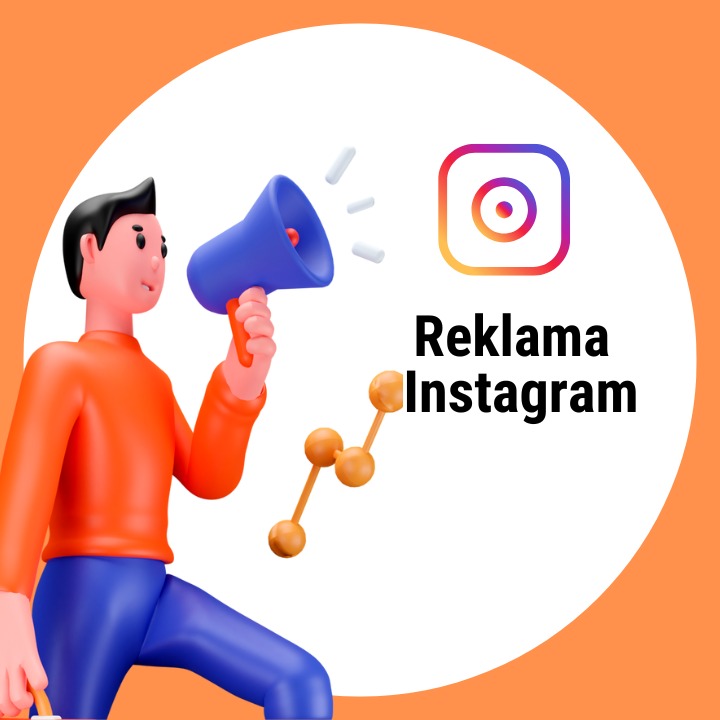 Grafika 3D: Mężczyzna z megafonem, logo Instagrama i napis 'Reklama Instagram'. Dynamiczny wykres wzrostu. Pomarańczowe akcenty na białym tle.