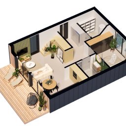 ARCHITEKT MAŁGORZATA RUSINIAK MR ATELIER - Widok z góry na wizualizację 3D mieszkania z tarasem. Jasne meble, drewniane elementy i rośliny tworzą przytulną atmosferę. Nowoczesny design.