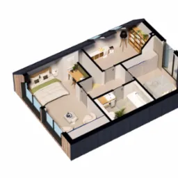 Render 3D poddasza z dwiema sypialniami, łazienką i garderobą. Widok z góry ukazuje detale umeblowania i wykończenia w nowoczesnym stylu.