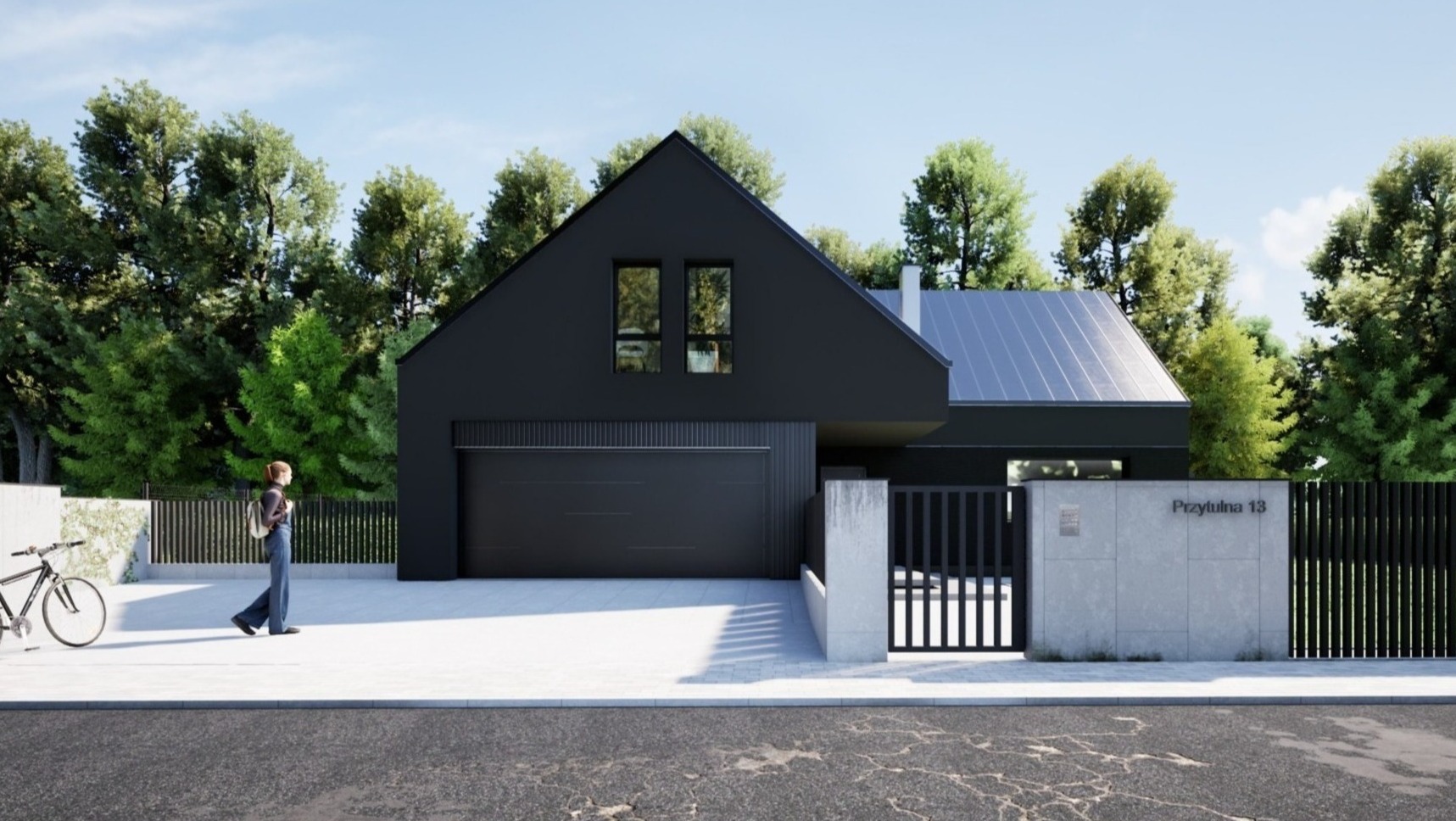 Czarny, parterowy dom z garażem i dachem bezokapowym. Widoczna osoba z rowerem i adres 'Przytulna 13'. Minimalistyczny styl z dużymi przeszkleniami.