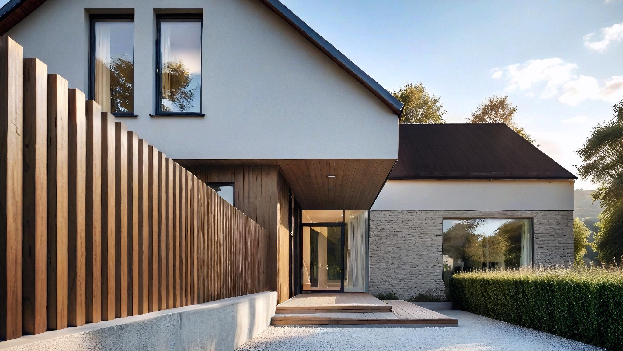 Nowoczesny dom jednorodzinny z drewnianą elewacją, dużymi oknami i efektownym nadwieszeniem nad wejściem. Minimalistyczny design i staranne wykończenie.