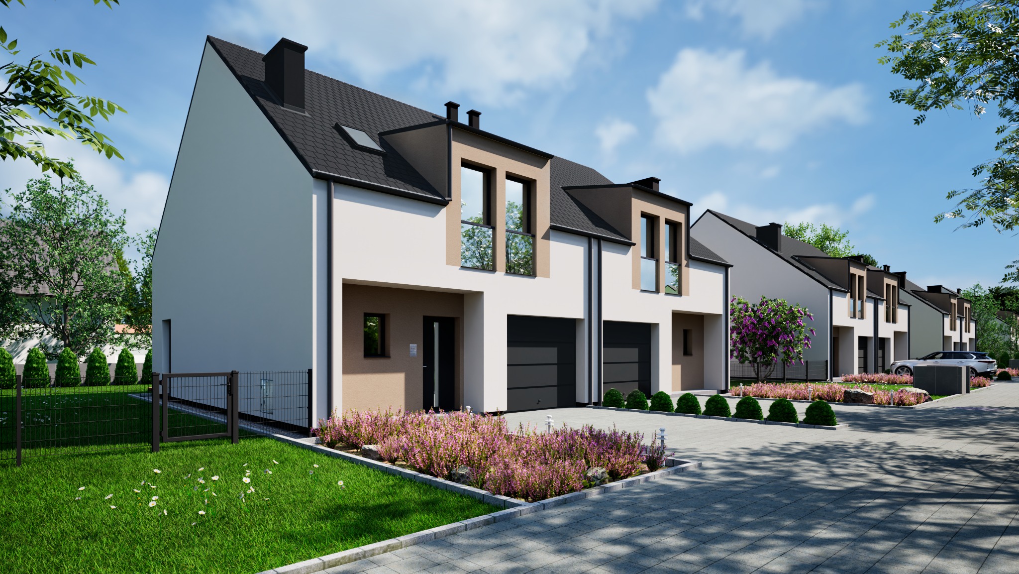 Wizualizacja osiedla domów szeregowych z garażami, z elementami zieleni, w nowoczesnym stylu. Ukazane z perspektywy ulicy, w słoneczny dzień.