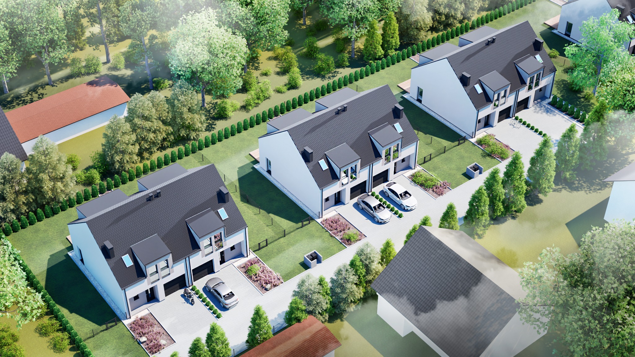Wizualizacja osiedla domów szeregowych z szarymi dachami, zieleń drzew, auta na podjazdach, nowoczesna architektura, widok z lotu ptaka, słoneczny dzień.