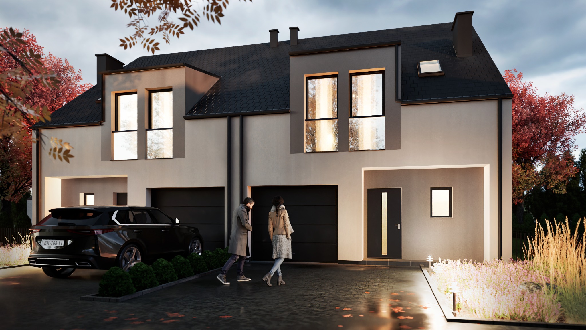 Wieczorna wizualizacja bliźniaka z grafitową stolarką, oświetlonym podjazdem, samochodem i dwoma osobami na tle jesiennego krajobrazu. Nowoczesny design.