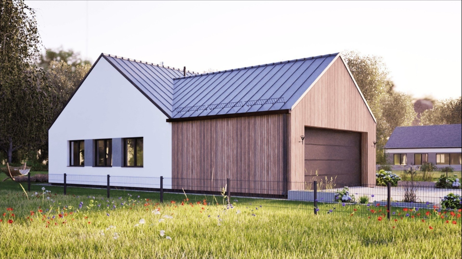 Wizualizacja domu jednorodzinnego z garażem, o białej elewacji i drewnianym wykończeniu. Metalowy dach, ogrodzenie panelowe i kwitnący ogród na pierwszym planie.