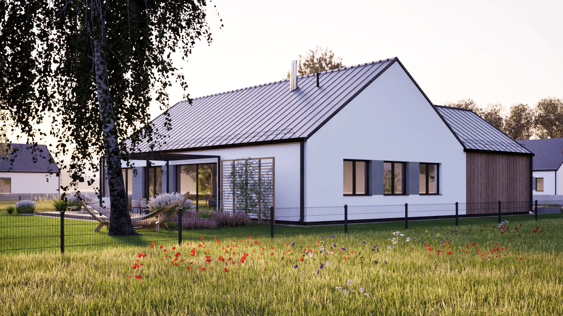 Wizualizacja nowoczesnego, parterowego domu z białymi ścianami i grafitowym dachem, otoczonego zielonym trawnikiem z polnymi kwiatami i niskim ogrodzeniem.
