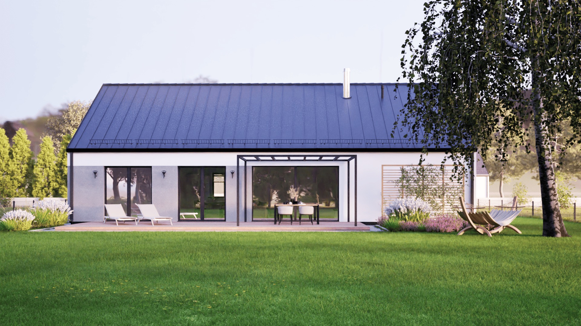 Wizualizacja parterowego domu z ciemnym dachem, tarasem z meblami ogrodowymi i zadbanym trawnikiem. Nowoczesna bryła, duże okna, jasna elewacja z szarymi akcentami.