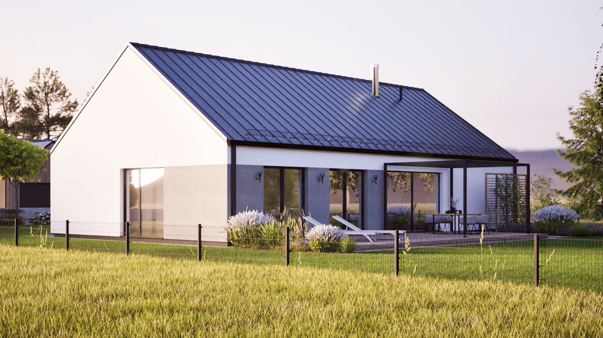 Nowoczesny dom jednorodzinny z ciemnym dachem i tarasem w Zielonej Górze. Minimalistyczna architektura, ogrodzenie panelowe, zadbany trawnik i roślinność.