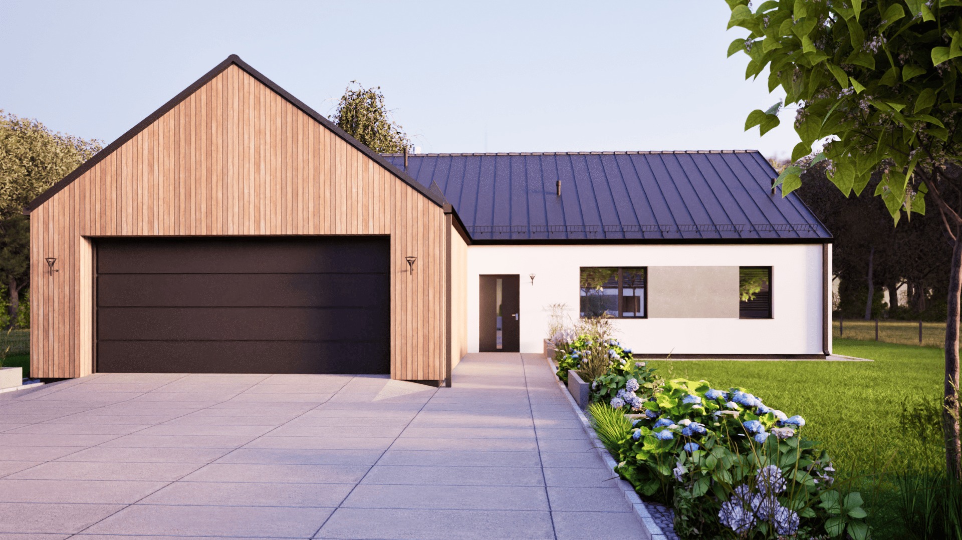 Wizualizacja nowoczesnego domu jednorodzinnego z garażem, elewacja w jasnym drewnie i bieli, ciemny dach, kostka brukowa na podjeździe, rabata kwiatowa.