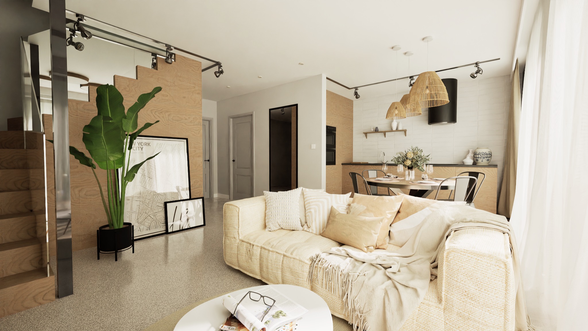 Jasne wnętrze mieszkania z sofą, stołem i roślinami. Widoczna kuchnia w tle. Minimalistyczny design z elementami drewna i naturalnych materiałów. Lampy wiszące nad stołem.