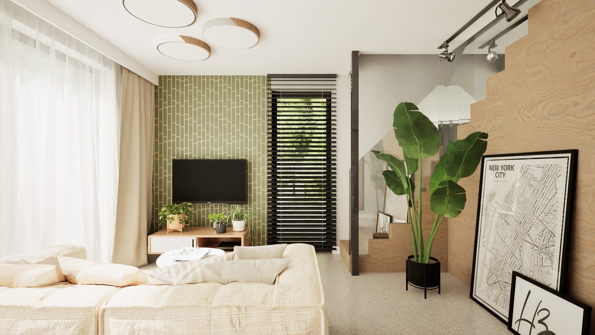 Jasne wnętrze salonu z beżową kanapą, zieloną tapetą w geometryczne wzory i drewnianymi schodami. Minimalistyczny design, roślina w czarnej donicy i grafika na ścianie.
