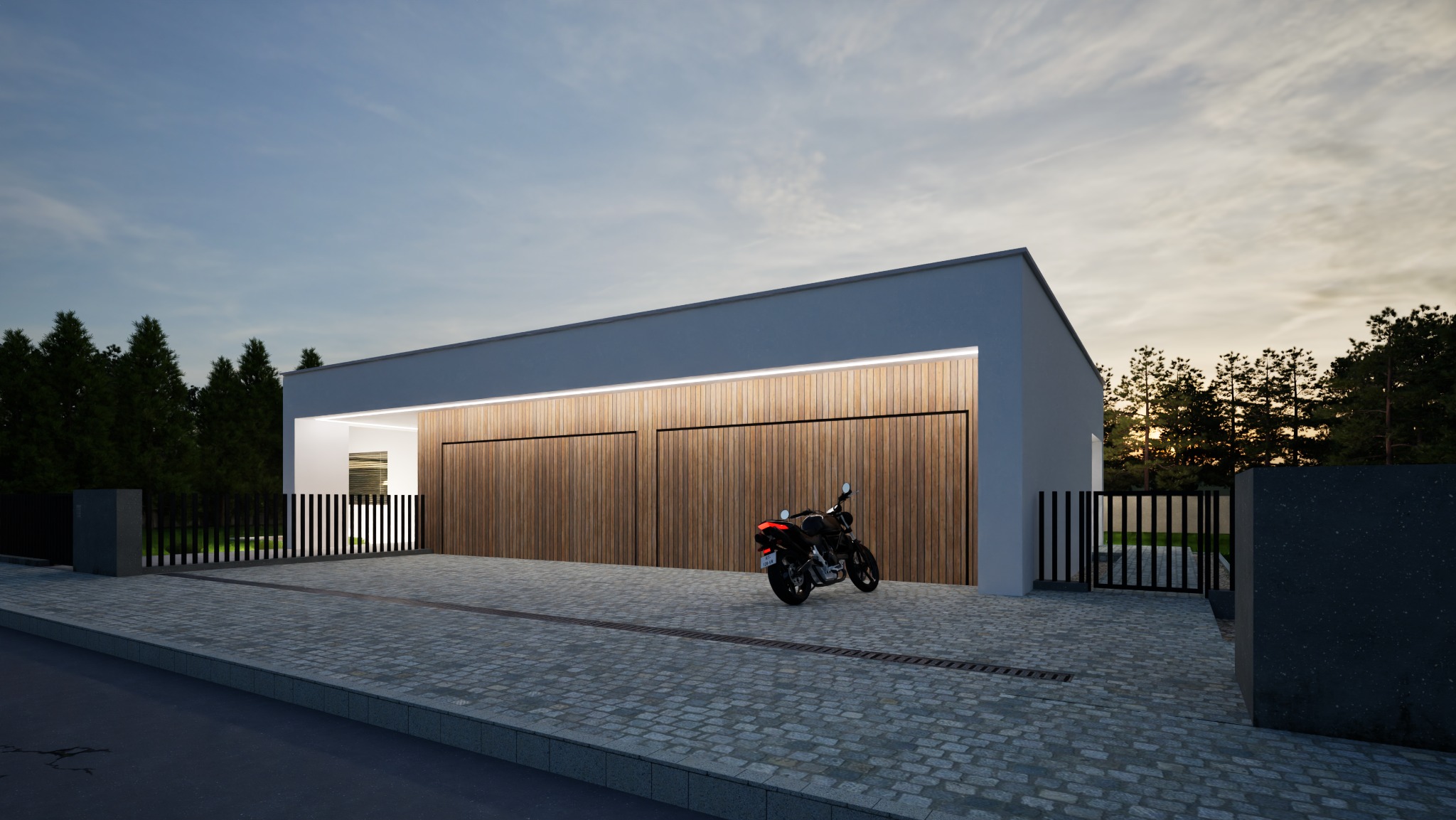 Nowoczesny dom z garażem o drewnianej elewacji i oświetleniem LED, z motocyklem zaparkowanym przed wjazdem. Minimalistyczna architektura i kostka brukowa na podjeździe.