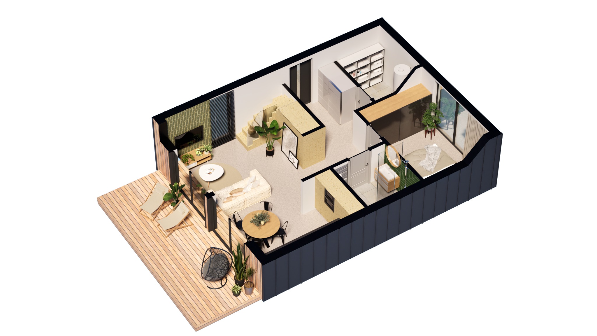 Widok z góry na wizualizację 3D mieszkania z tarasem. Jasne meble, drewniane elementy i rośliny tworzą przytulną atmosferę. Nowoczesny design.