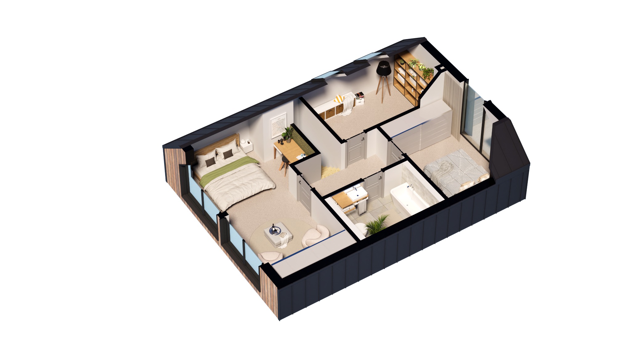 Render 3D poddasza z dwiema sypialniami, łazienką i garderobą. Widok z góry ukazuje detale umeblowania i wykończenia w nowoczesnym stylu.