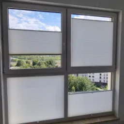 Białe plisy okienne zamontowane w oknie z widokiem na zieleń. Plisy częściowo zasłonięte, widać strukturę materiału. Nowoczesne rozwiązanie do regulacji światła.